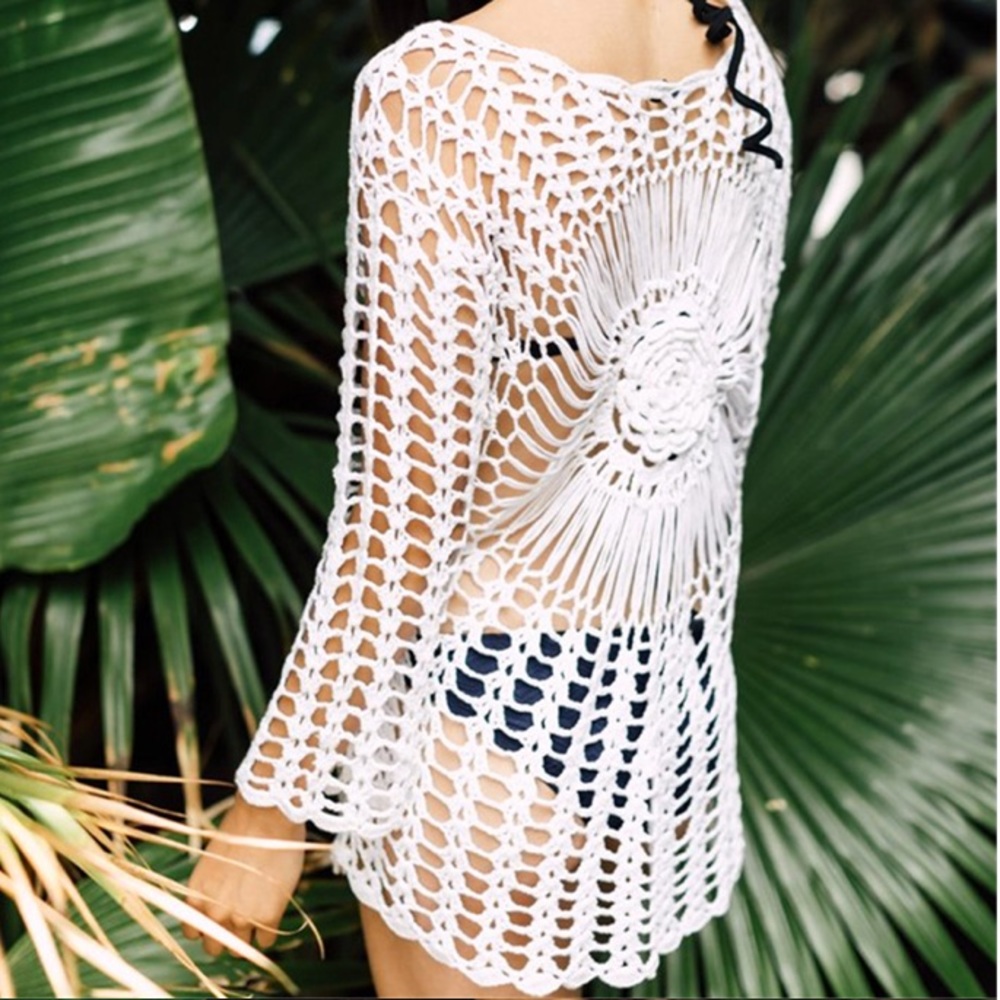 CLEARANCE White Boho Crochet Long Sleeve Coverup Tunic Top - Picture 2 of 2